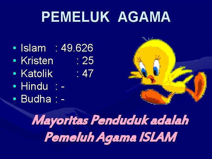 PEMELUK AGAMA • • • Islam : 49. 626 Kristen : 25 Katolik :