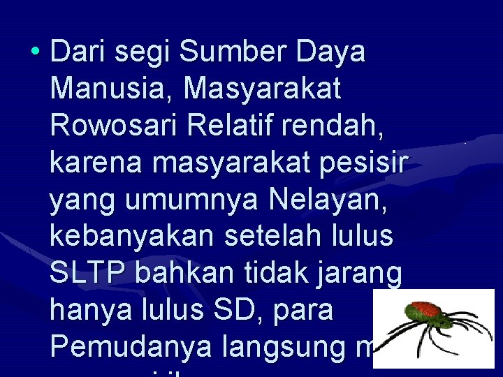  • Dari segi Sumber Daya Manusia, Masyarakat Rowosari Relatif rendah, karena masyarakat pesisir