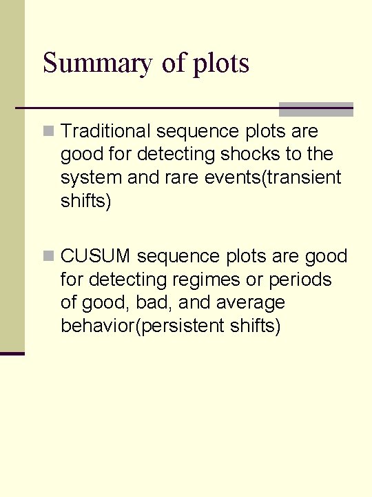 Summary of plots n Traditional sequence plots are good for detecting shocks to the Summary of plots n Traditional sequence plots are good for detecting shocks to the