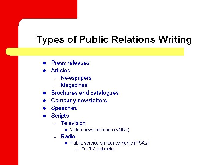 Types of Public Relations Writing l l Press releases Articles – – l l