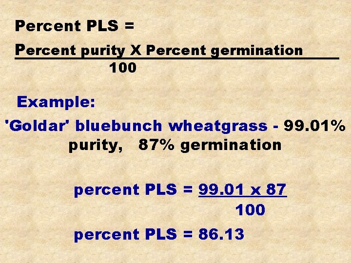 Percent PLS = Percent purity X Percent germination 100 Example: 'Goldar' bluebunch wheatgrass -