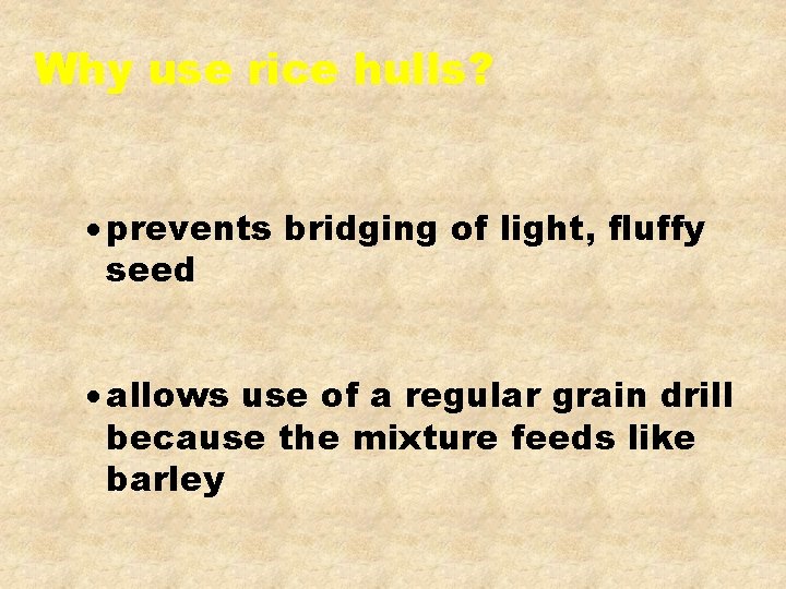 Why use rice hulls? · prevents bridging of light, fluffy seed · allows use