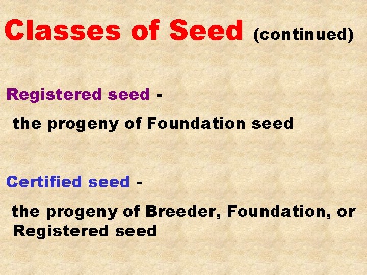 Classes of Seed (continued) Registered seed the progeny of Foundation seed Certified seed the