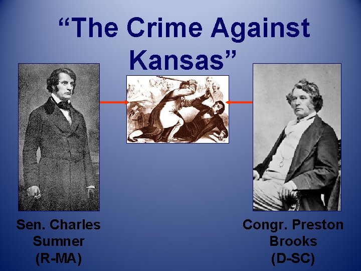 “The Crime Against Kansas” Sen. Charles Sumner (R-MA) Congr. Preston Brooks (D-SC) 