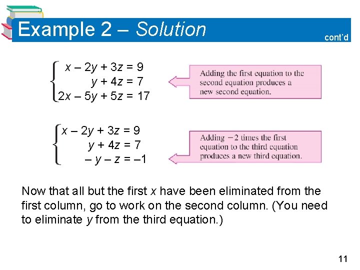 Example 2 – Solution cont’d x – 2 y + 3 z = 9