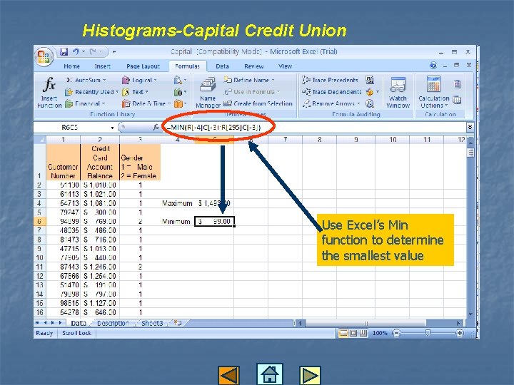 Histograms-Capital Credit Union c Use Excel’s Min function to determine the smallest value 