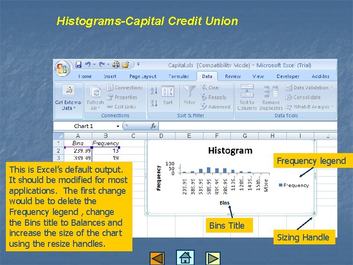 Histograms-Capital Credit Union This is Excel’s default output. It should be modified for most