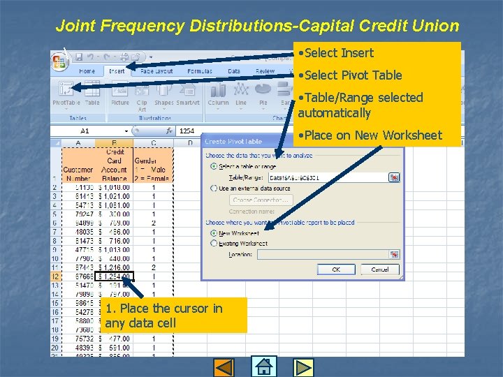 Joint Frequency Distributions-Capital Credit Union • Select Insert  • Select Pivot Table •