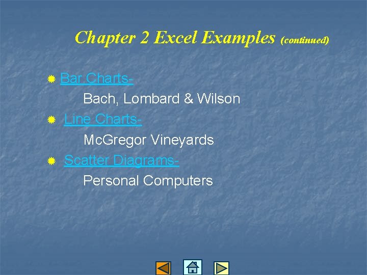 Chapter 2 Excel Examples (continued) ® Bar Charts. Bach, Lombard & Wilson ® Line