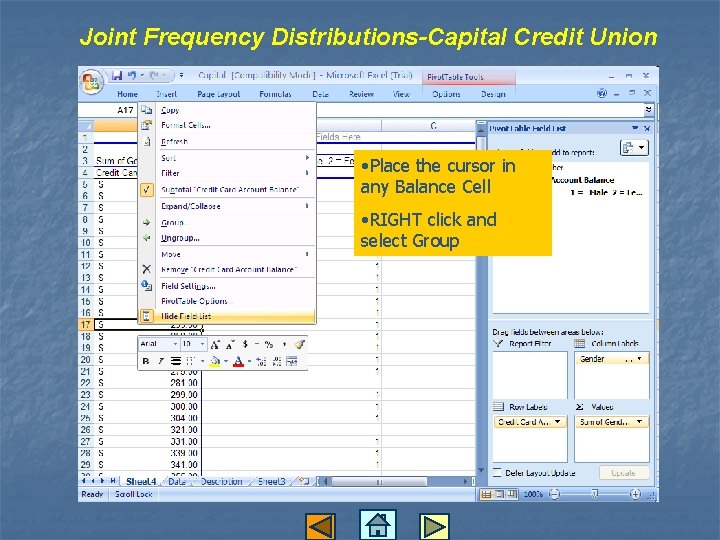 Joint Frequency Distributions-Capital Credit Union • Place the cursor in any Balance Cell •