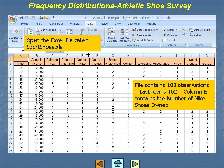 Frequency Distributions-Athletic Shoe Survey Open the Excel file called Sport. Shoes. xls File contains