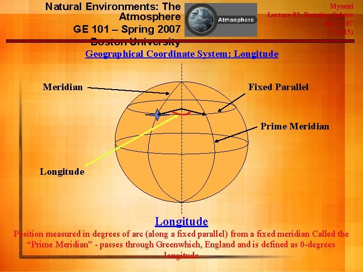 Myneni Natural Environments: The Lecture 03: Rotating Sphere Atmosphere Jan-22 -07 GE 101 –