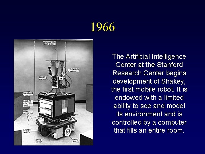 1966 The Artificial Intelligence Center at the Stanford Research Center begins development of Shakey, 1966 The Artificial Intelligence Center at the Stanford Research Center begins development of Shakey,