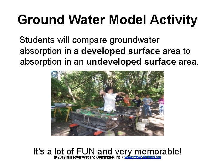 Ground Water Model Activity Students will compare groundwater absorption in a developed surface area