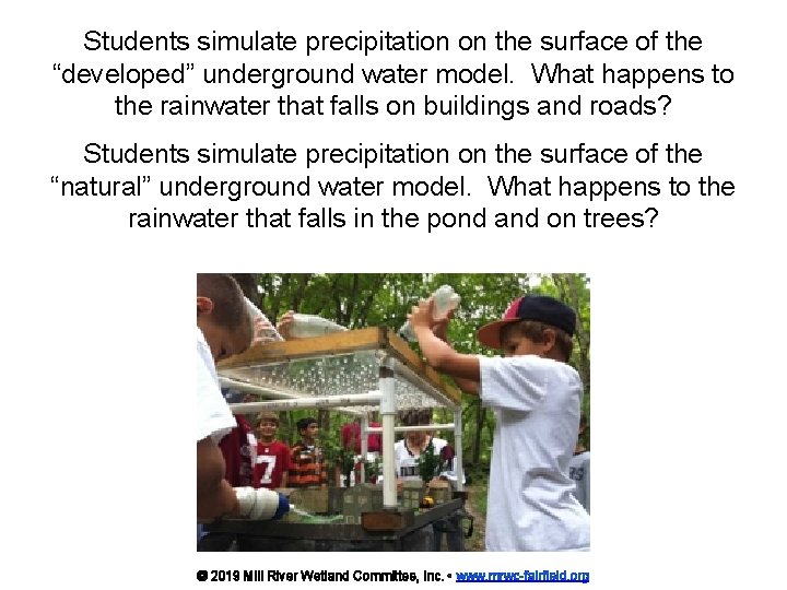 Students simulate precipitation on the surface of the “developed” underground water model. What happens