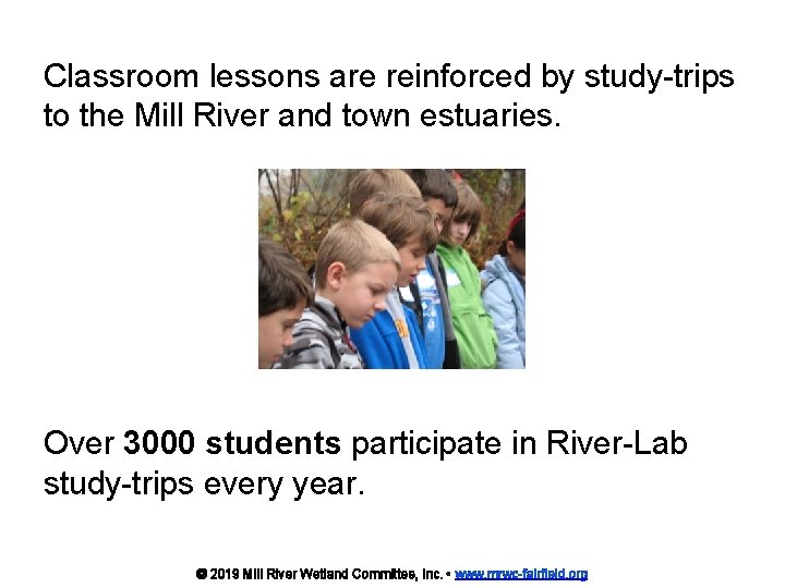 Classroom lessons are reinforced by study-trips to the Mill River and town estuaries. Over