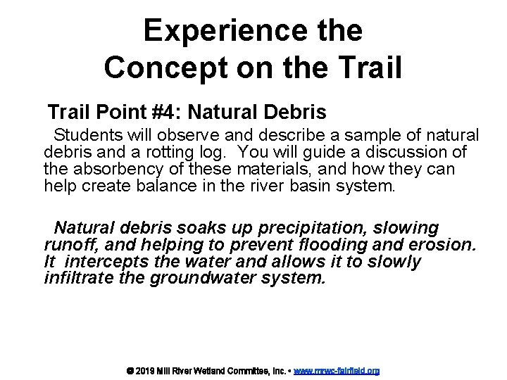 Experience the Concept on the Trail Point #4: Natural Debris Students will observe and