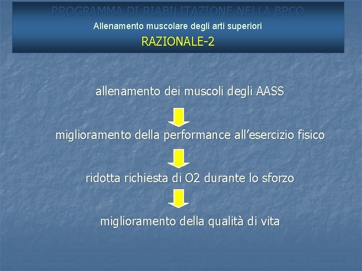 PROGRAMMA DI RIABILITAZIONE NELLA BPCO Allenamento muscolare degli arti superiori RAZIONALE-2 allenamento dei muscoli