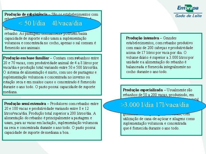 Produção de subsistência – São os estabelecimentos com rebanhos menores que 30 vacas; produção