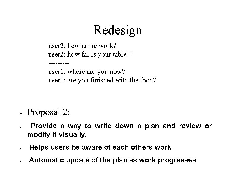 Redesign user 2: how is the work? user 2: how far is your table?