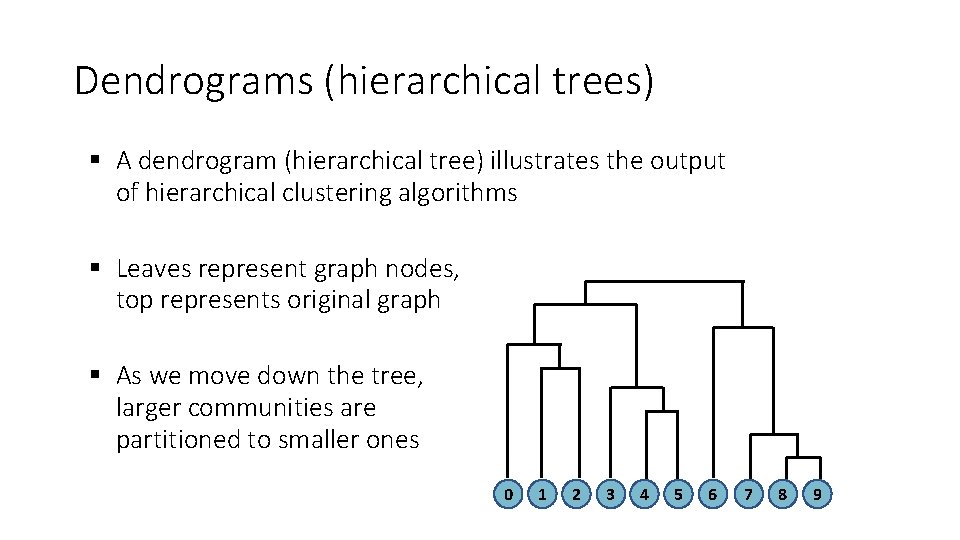 Dendrograms (hierarchical trees) A dendrogram (hierarchical tree) illustrates the output of hierarchical clustering algorithms