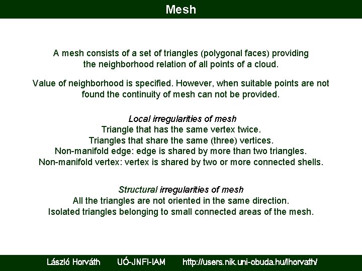 Mesh A mesh consists of a set of triangles (polygonal faces) providing the neighborhood