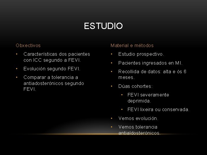 ESTUDIO Obxectivos Material e métodos • • Estudio prospectivo. • Pacientes ingresados en MI.