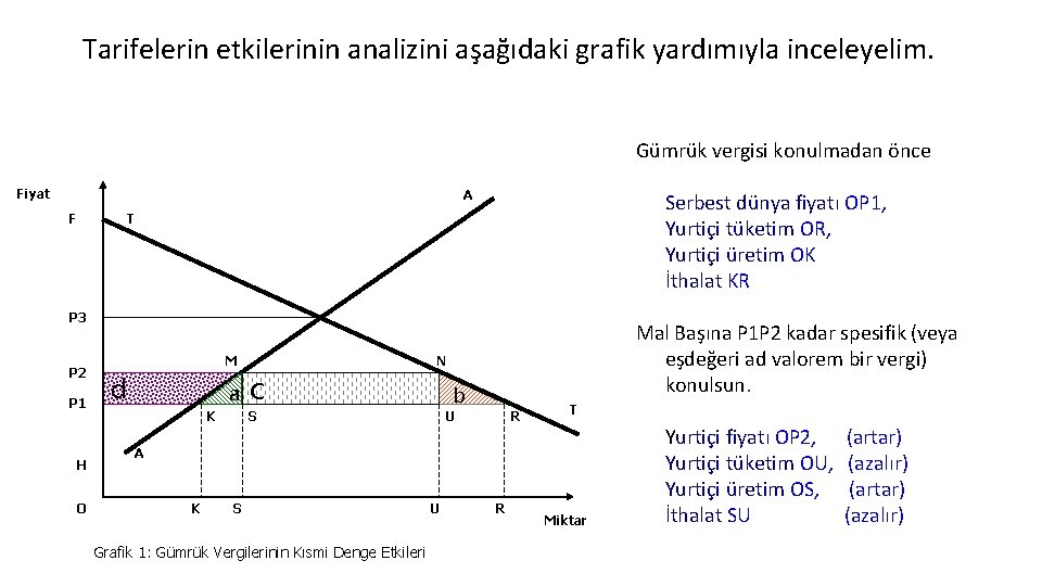 Tarifelerin etkilerinin analizini aşağıdaki grafik yardımıyla inceleyelim. Gümrük vergisi konulmadan önce Fiyat A F