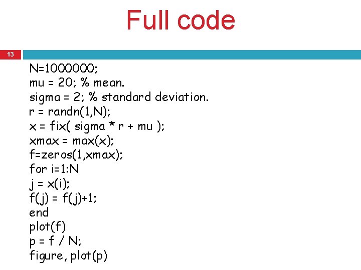 Full code 13 N=1000000; mu = 20; % mean. sigma = 2; % standard