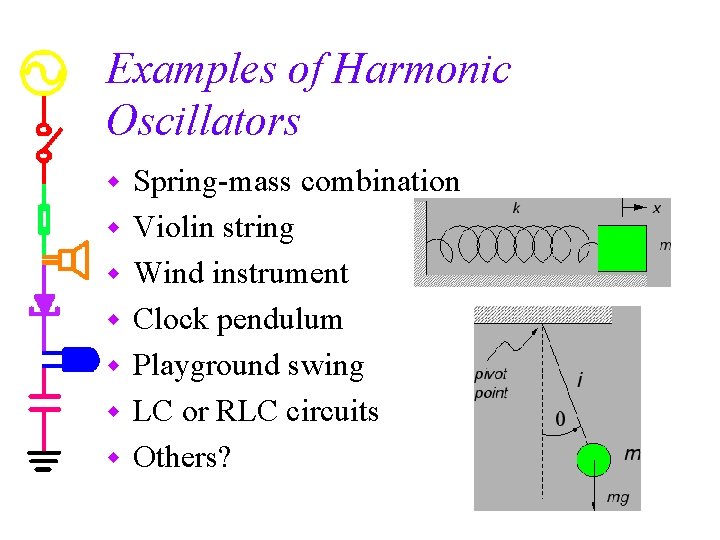 Examples of Harmonic Oscillators w w w w Spring-mass combination Violin string Wind instrument