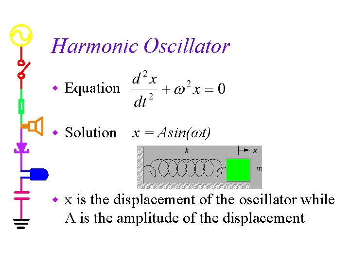 Harmonic Oscillator w Equation w Solution w x is the displacement of the oscillator