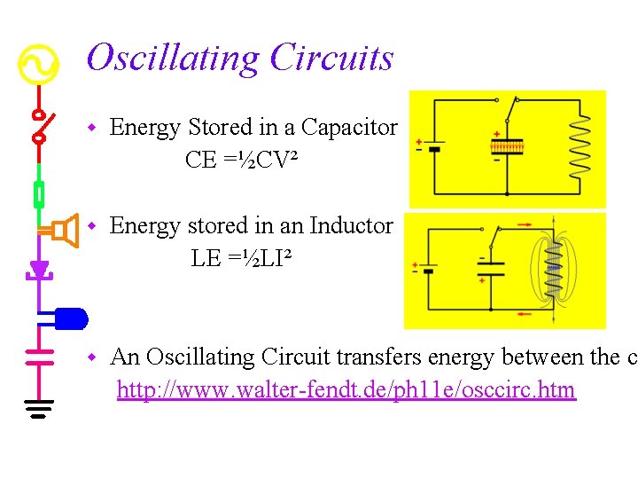 Oscillating Circuits w Energy Stored in a Capacitor CE =½CV² w Energy stored in