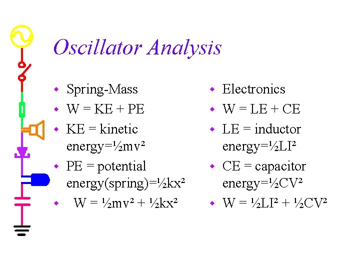 Oscillator Analysis w w w Spring-Mass W = KE + PE KE = kinetic