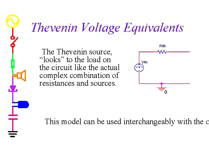 Thevenin Voltage Equivalents Thevenin source, “looks” to the load on the circuit like the