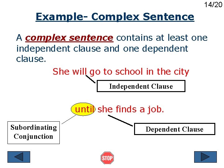 14/20 Example- Complex Sentence A complex sentence contains at least one independent clause and