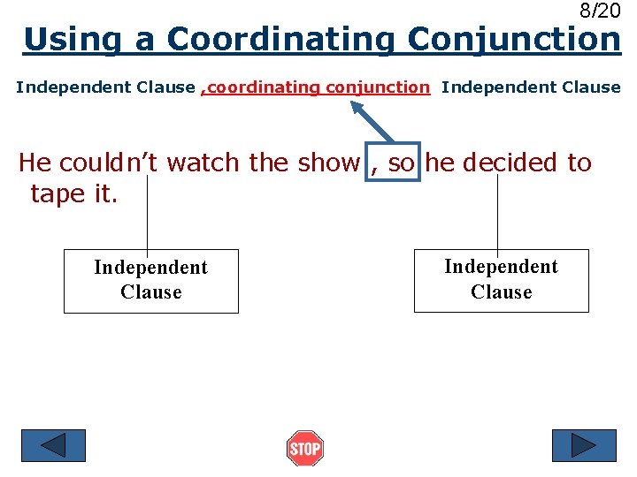 8/20 Using a Coordinating Conjunction Independent Clause , coordinating conjunction Independent Clause He couldn’t