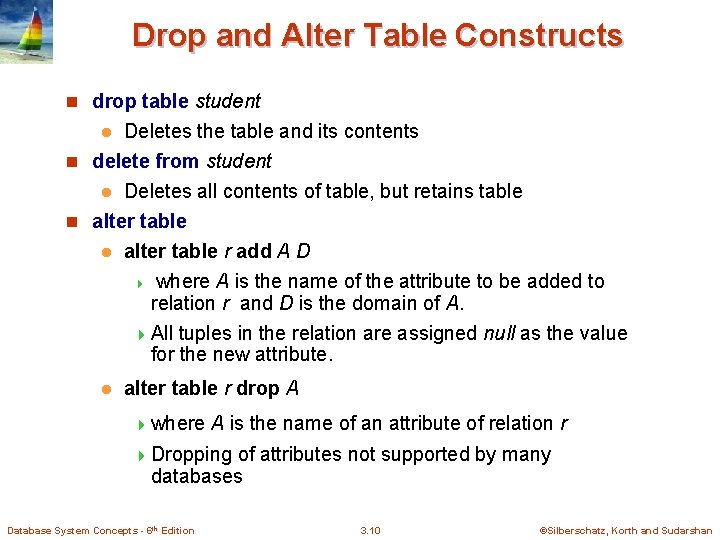 Drop and Alter Table Constructs n drop table student Deletes the table and its Drop and Alter Table Constructs n drop table student Deletes the table and its