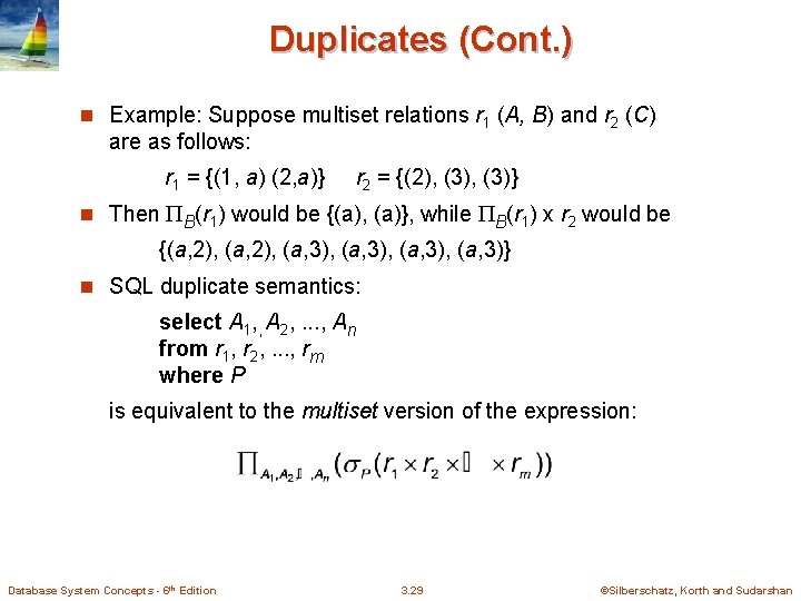 Duplicates (Cont. ) n Example: Suppose multiset relations r 1 (A, B) and r Duplicates (Cont. ) n Example: Suppose multiset relations r 1 (A, B) and r