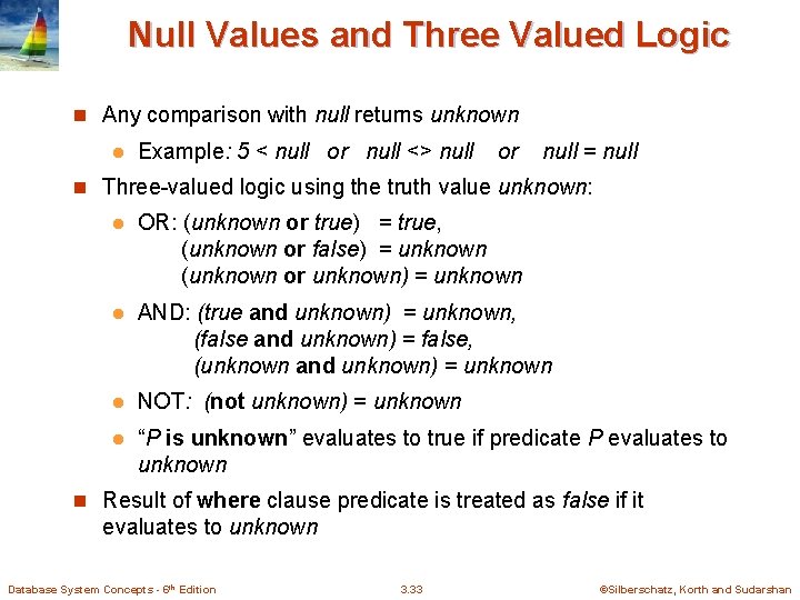 Null Values and Three Valued Logic n Any comparison with null returns unknown l Null Values and Three Valued Logic n Any comparison with null returns unknown l
