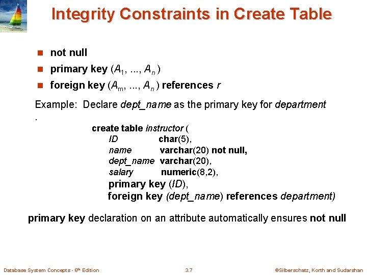 Integrity Constraints in Create Table n not null n primary key (A 1, . Integrity Constraints in Create Table n not null n primary key (A 1, .