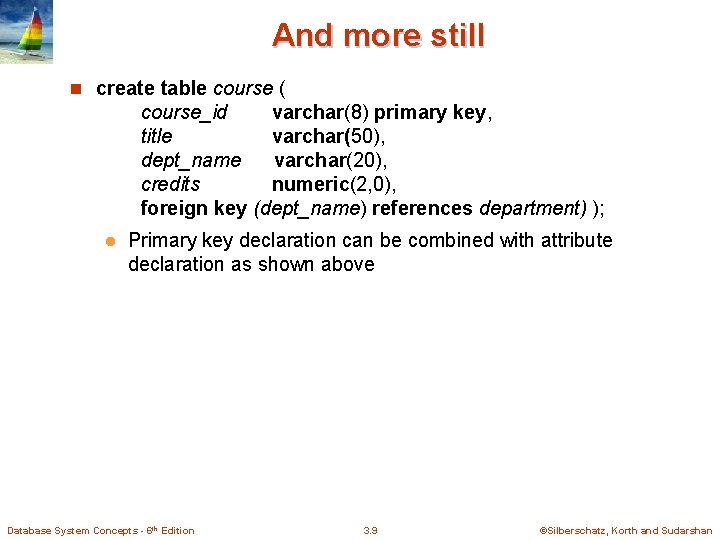 And more still n create table course ( course_id varchar(8) primary key, title varchar(50), And more still n create table course ( course_id varchar(8) primary key, title varchar(50),