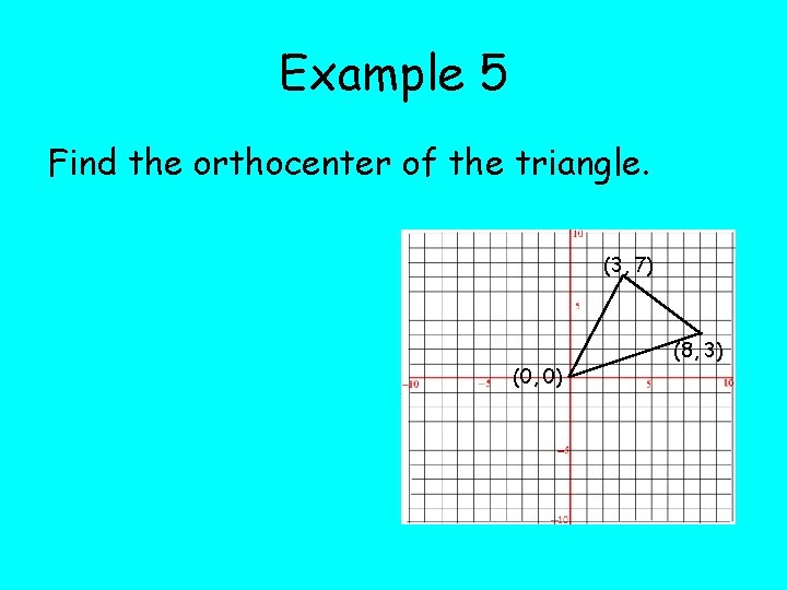Example 5 Find the orthocenter of the triangle. (3, 7) (0, 0) (8, 3)