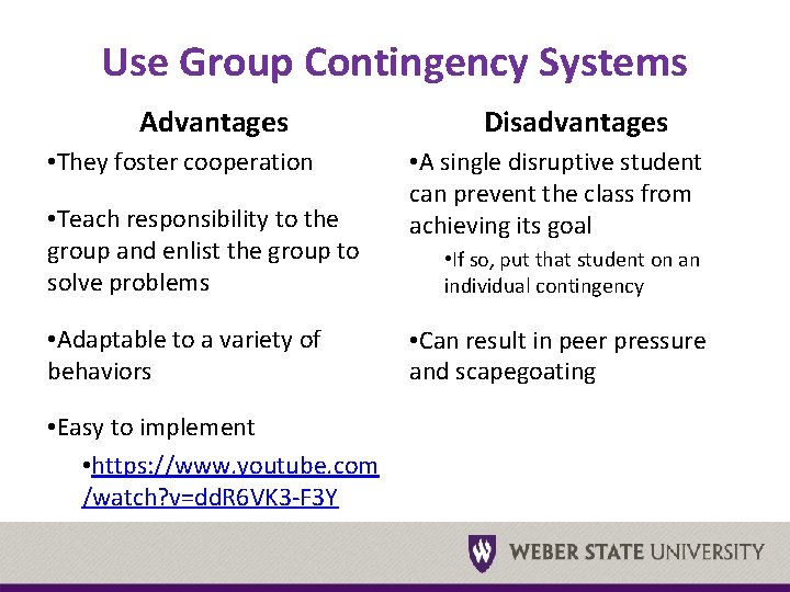 Use Group Contingency Systems Advantages • They foster cooperation • Teach responsibility to the