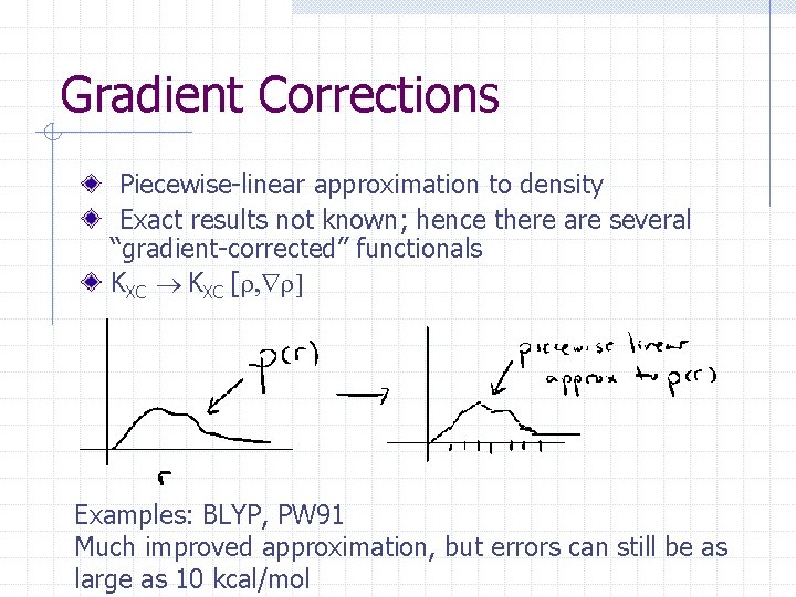 Gradient Corrections Piecewise-linear approximation to density Exact results not known; hence there are several