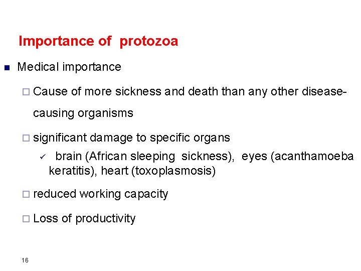 Importance of protozoa n Medical importance ¨ Cause of more sickness and death than