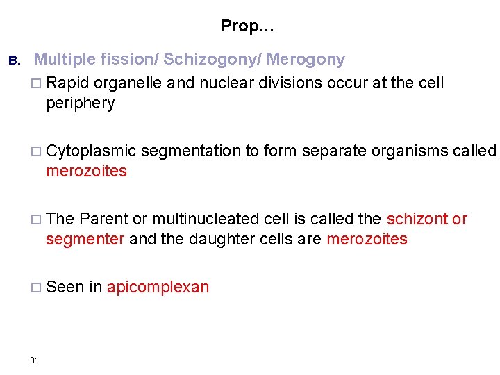 Prop… B. Multiple fission/ Schizogony/ Merogony ¨ Rapid organelle and nuclear divisions occur at