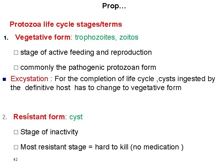 Prop… Protozoa life cycle stages/terms 1. Vegetative form: trophozoites, zoitos ¨ stage of active