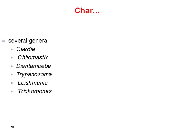 Char… = several genera § Giardia § Chilomastix § Dientamoeba § Trypanosoma § Leishmania