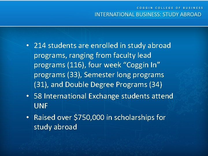 • 214 students are enrolled in study abroad programs, ranging from faculty lead