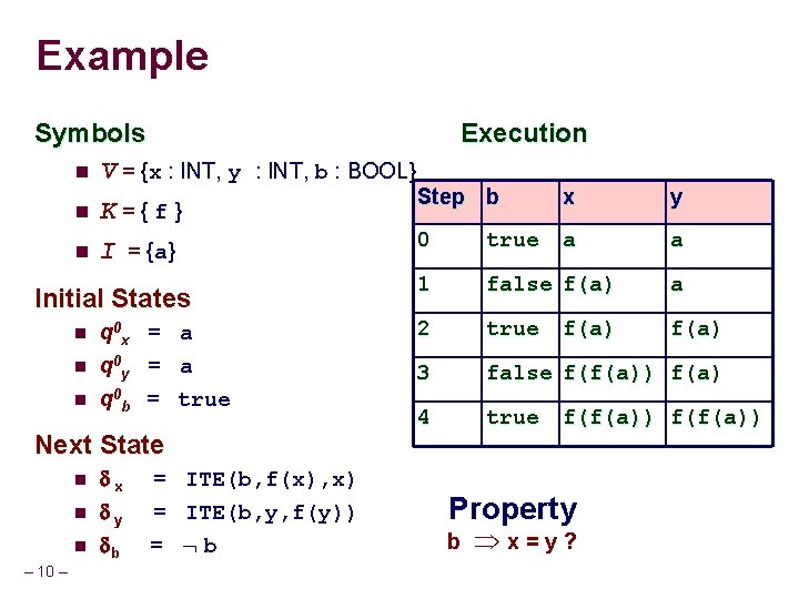 Example Symbols Execution n V = {x : INT, y : INT, b :